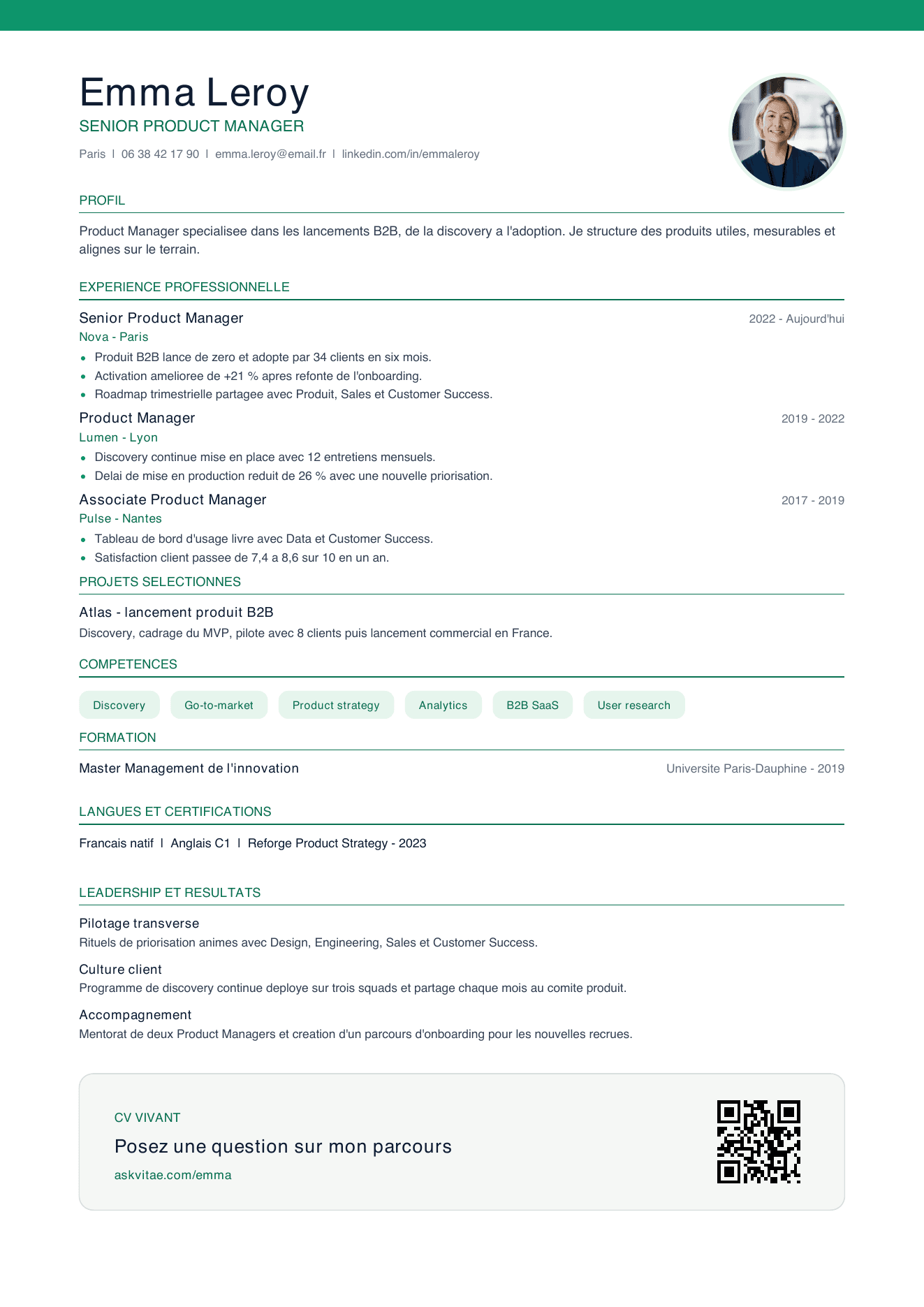 CV complet d’Emma Leroy avec portrait, lien public et QR Code